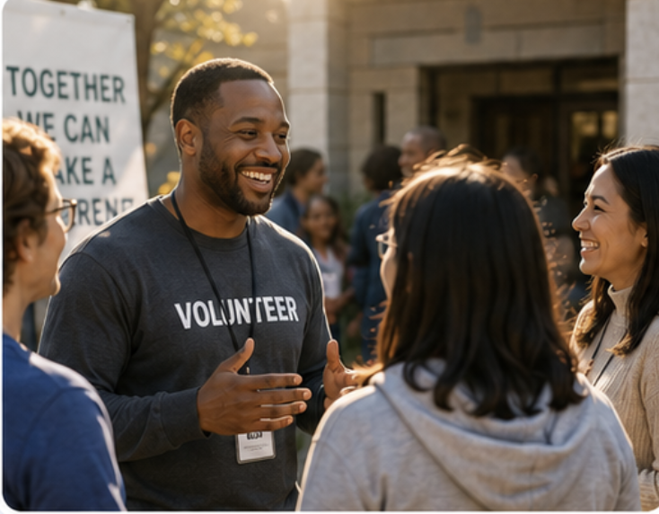 A volunteer connecting with members of the Acts of Kindness Foundation community